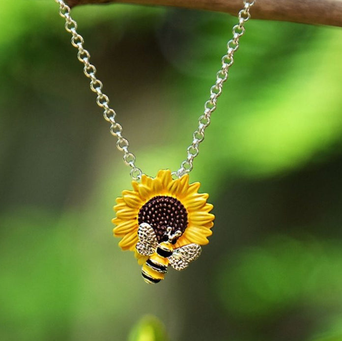 Sunflower & Bee Enamel Necklace